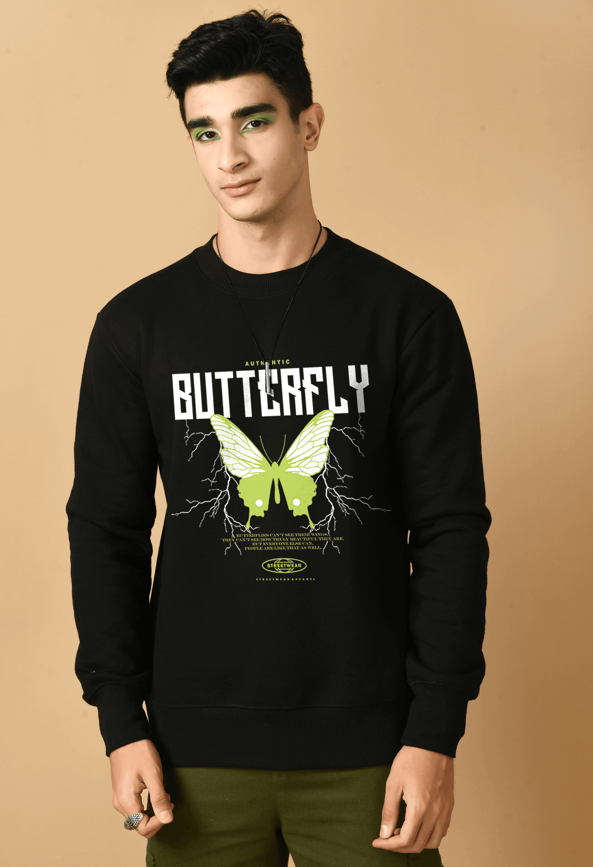 Green white butterfly printed black sweatshirt by offmint