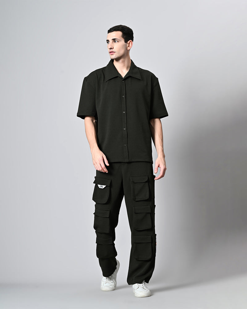 Co-Ord Olive Green Overshirt and Button Set by Offmint - Versatile Casual Elegance