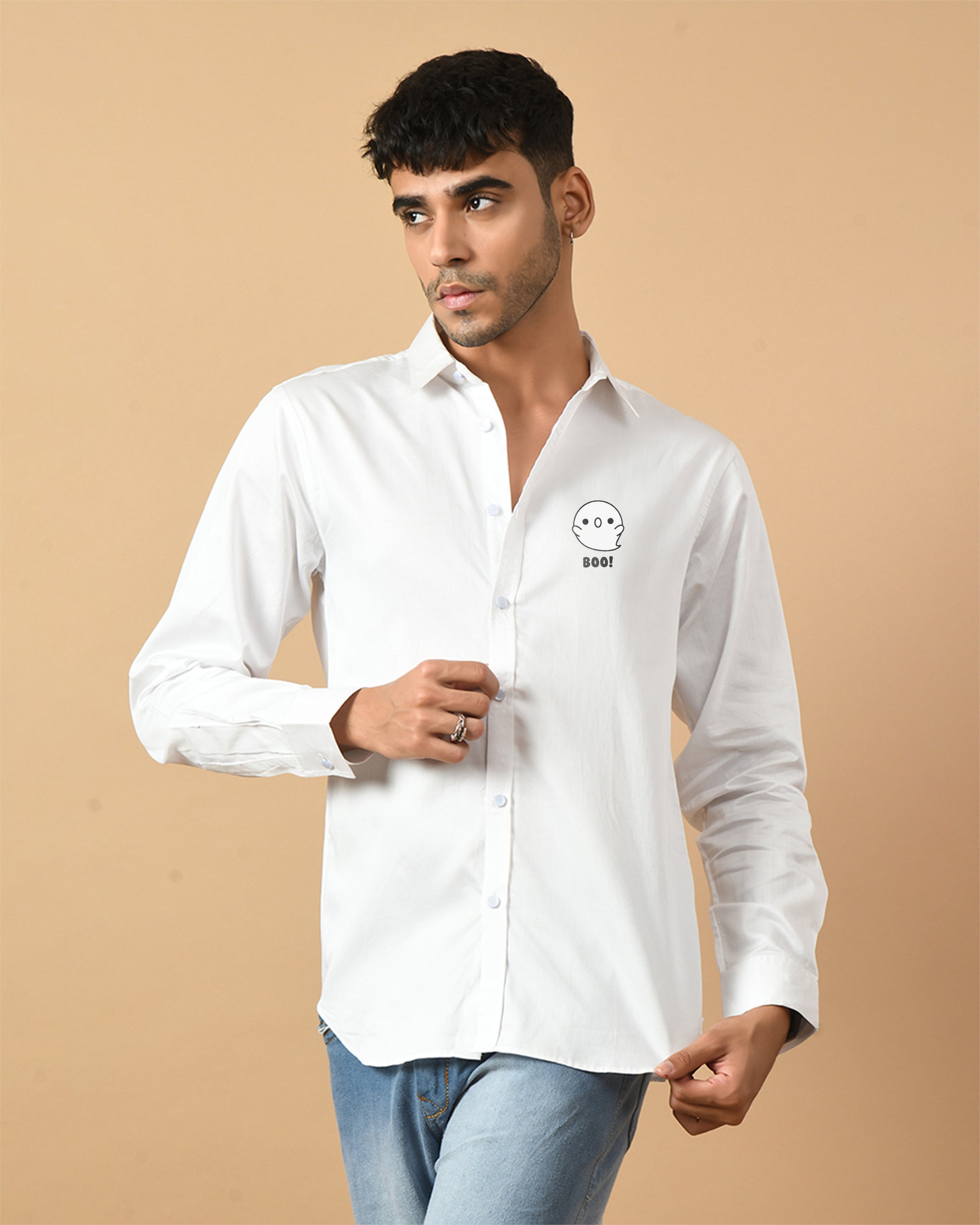 Boo White Printed ClubWear Shirt By Offmint