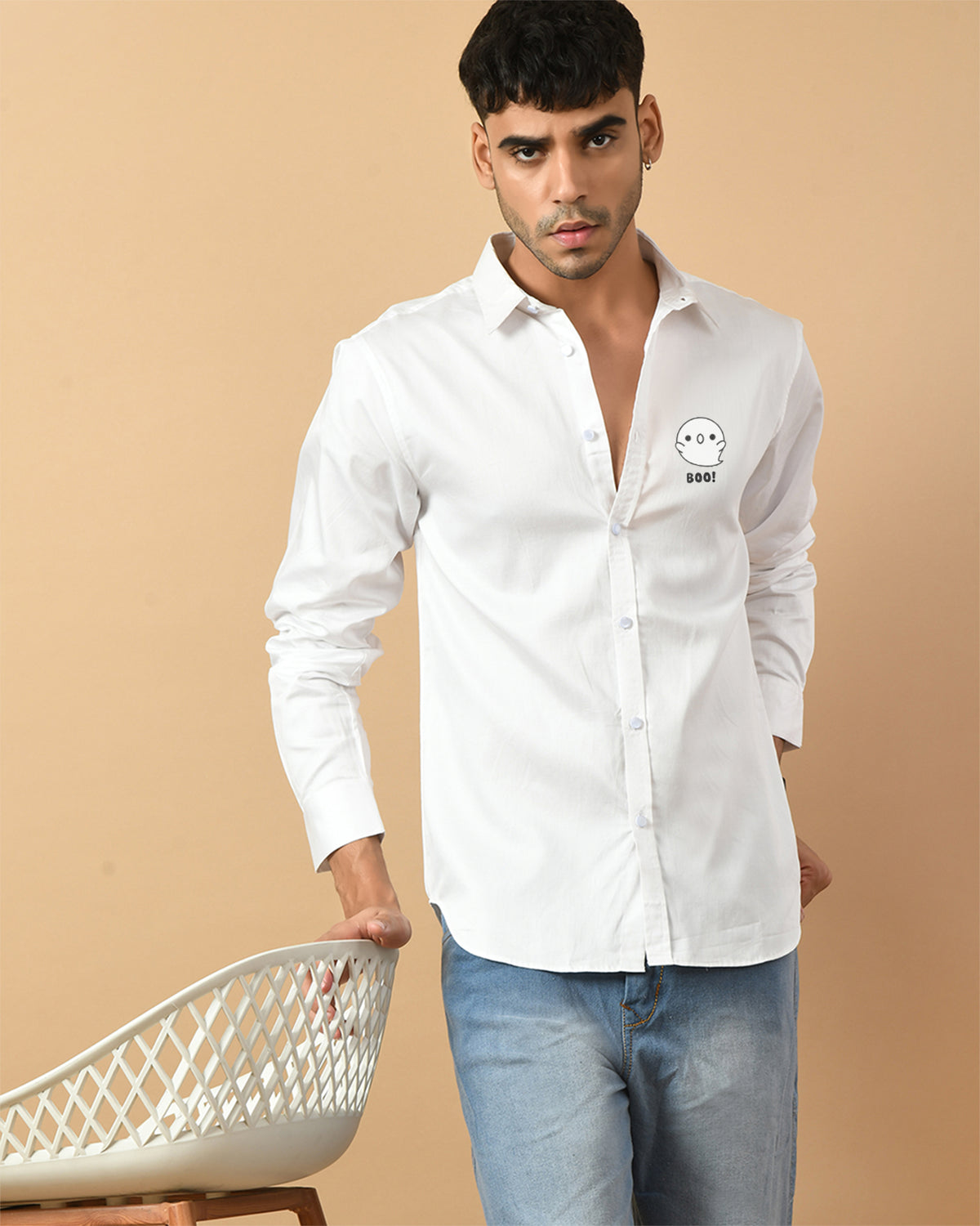 Boo White Printed ClubWear Shirt By Offmint