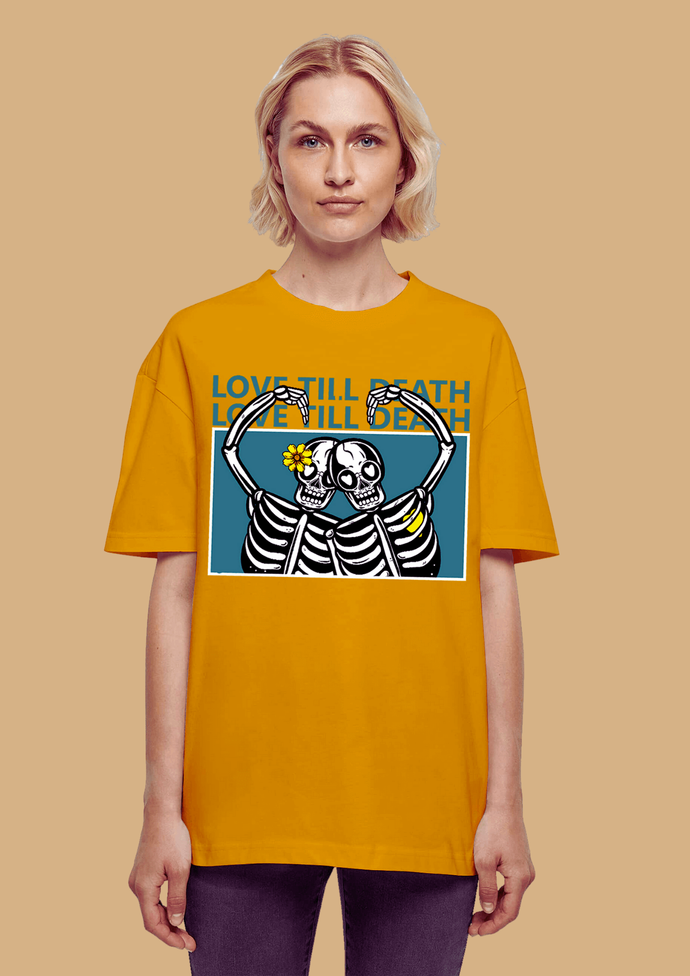 Love till death printed mustard color oversized t-shirt by offmint