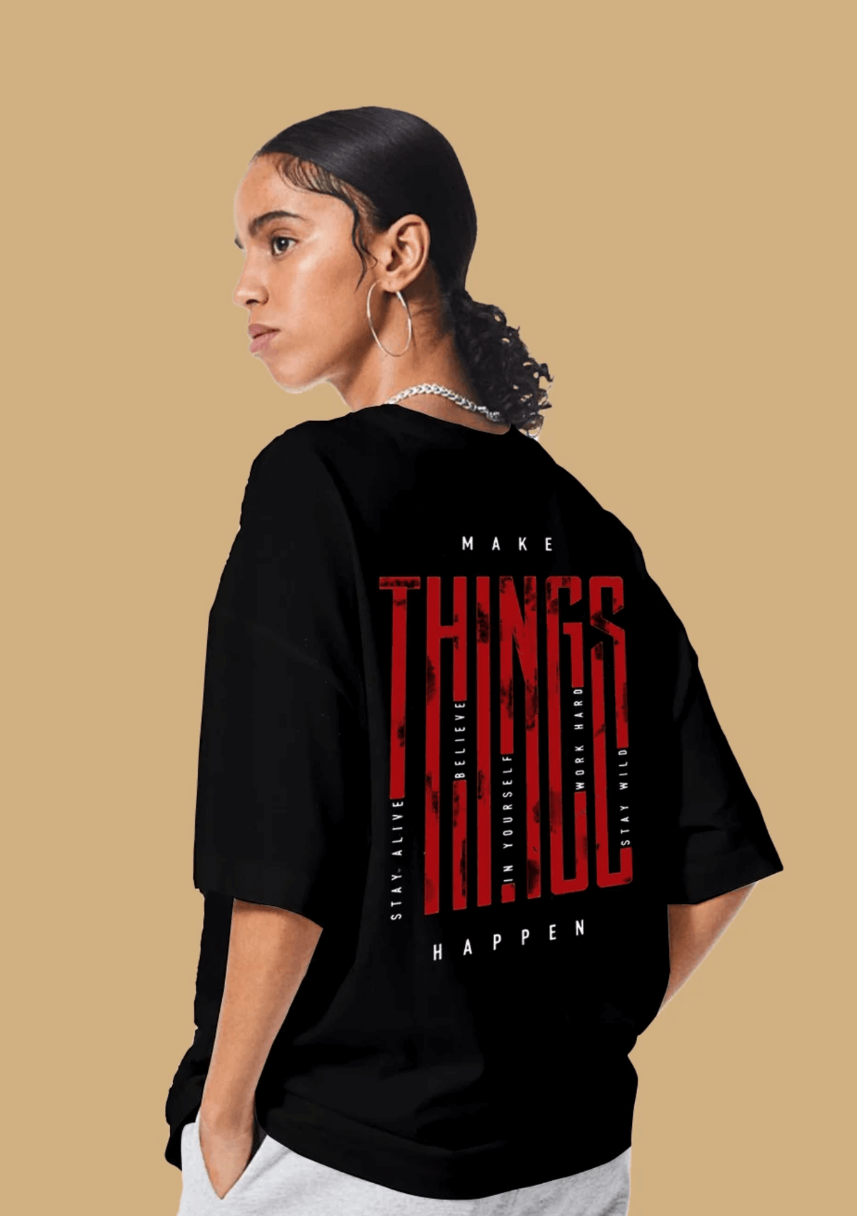 Make things happen printed black color women's oversized t-shirt by offmint