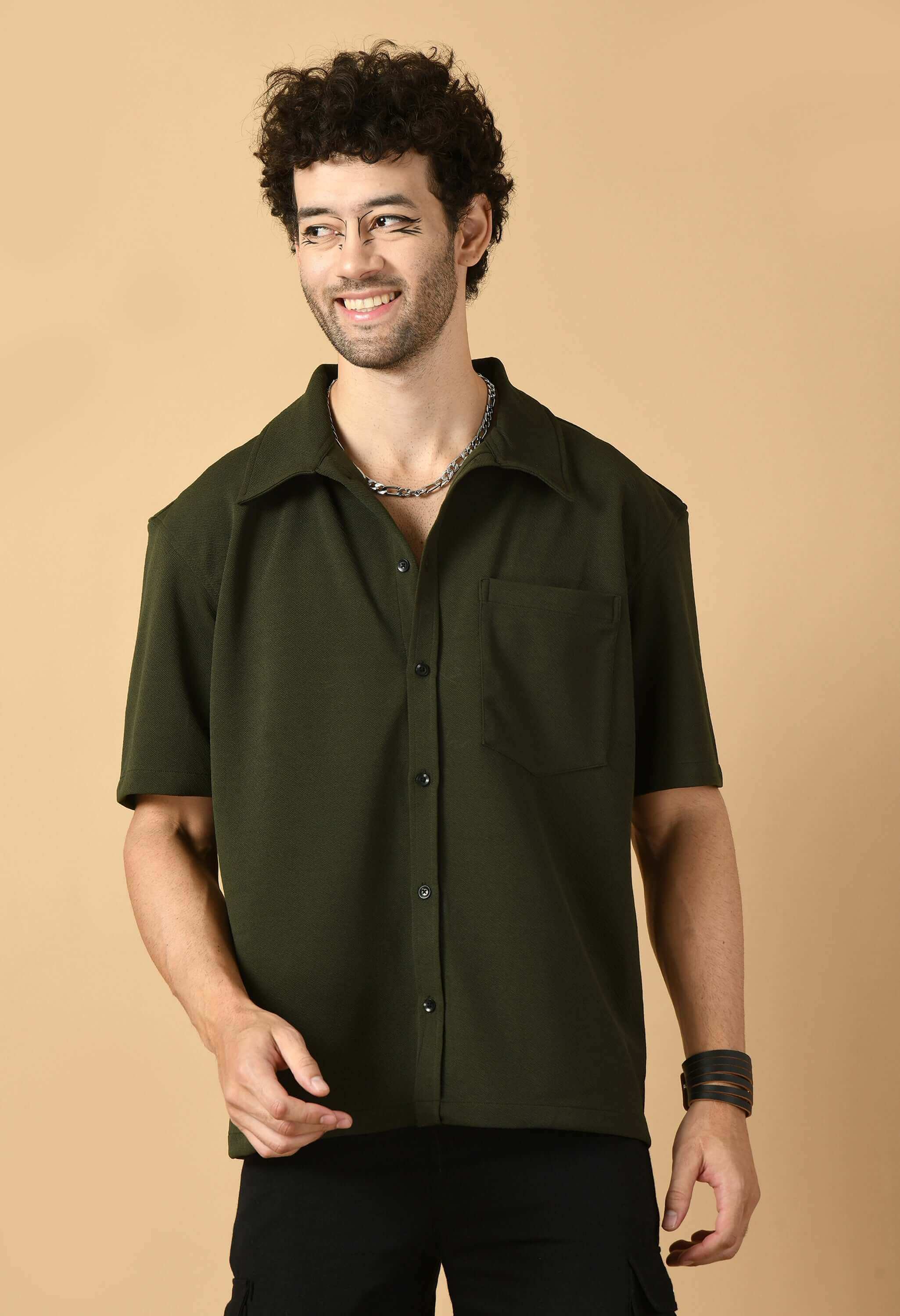 Olive Half Sleeves Valentino Shirt with Button Accents By Offmint