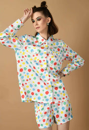 Multicolor polka dots white color women's co-ord set by offmint