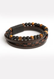 Multilayer Leather Bracelet with Tiger Eye And Lava Natural   Beads For Men By Offmint