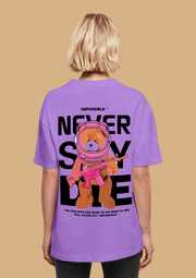 Never say die printed lavender color oversized t-shirt by offmint