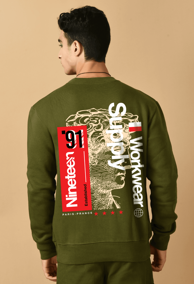 91 Printed Olive Green Sweatshirt By Offmint