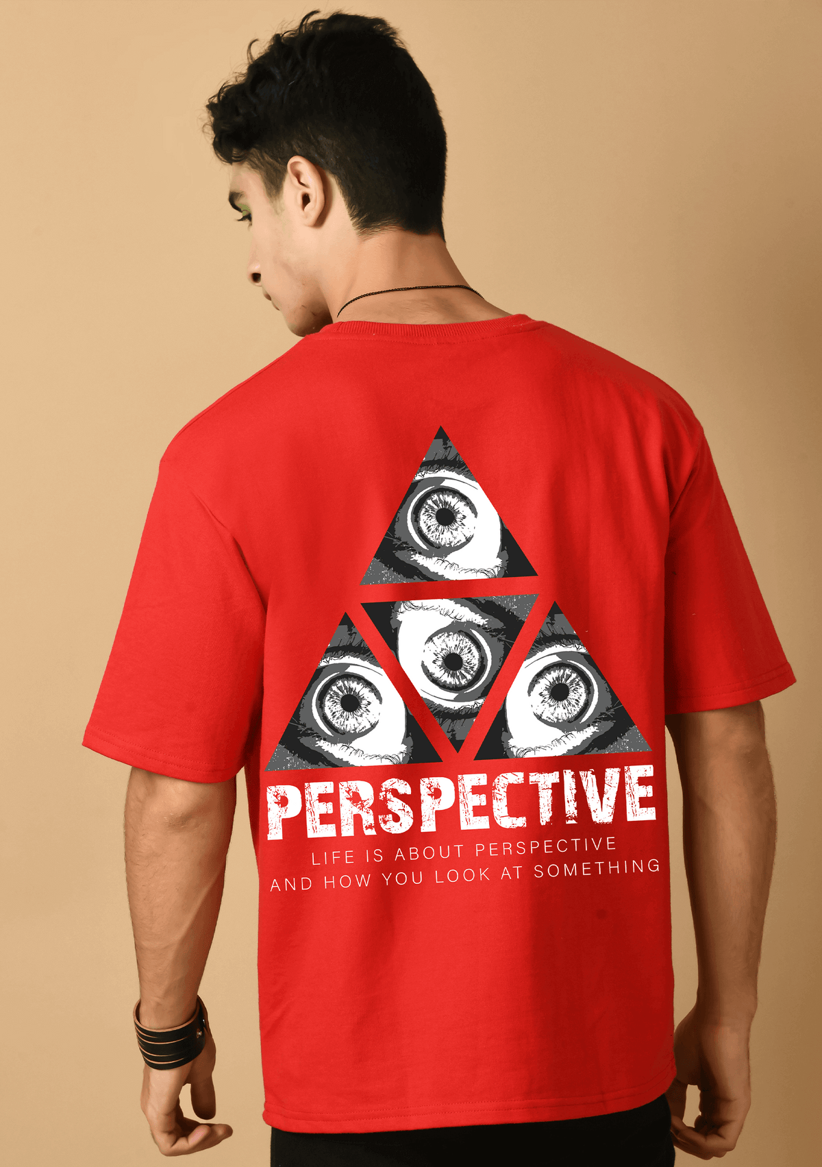 Perspective printed red color oversized t-shirt by offmint