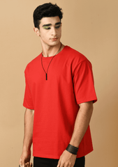 Perspective printed red color oversized t-shirt 