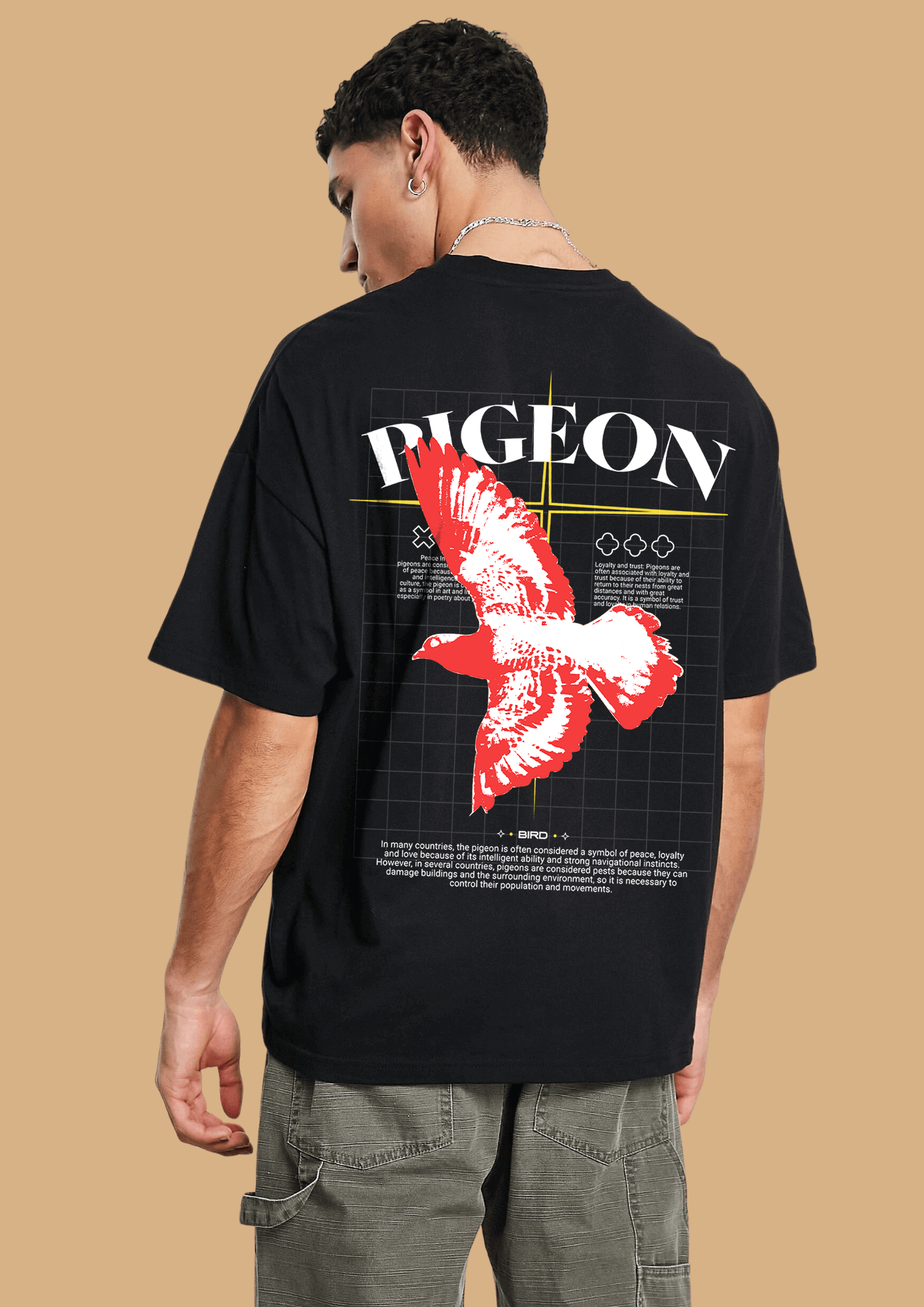 Pigeon printed black color oversized t-shirt by offmint