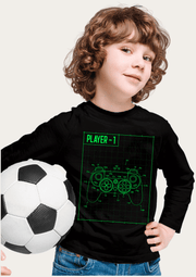 Player 1 Printed Black Full Sleeves Kids T-shirt By Offmint