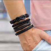 Men Obsidian  Black Leather layered Bracelet By Offmint