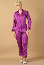 Purple color satin feather co-ord set by offmint 