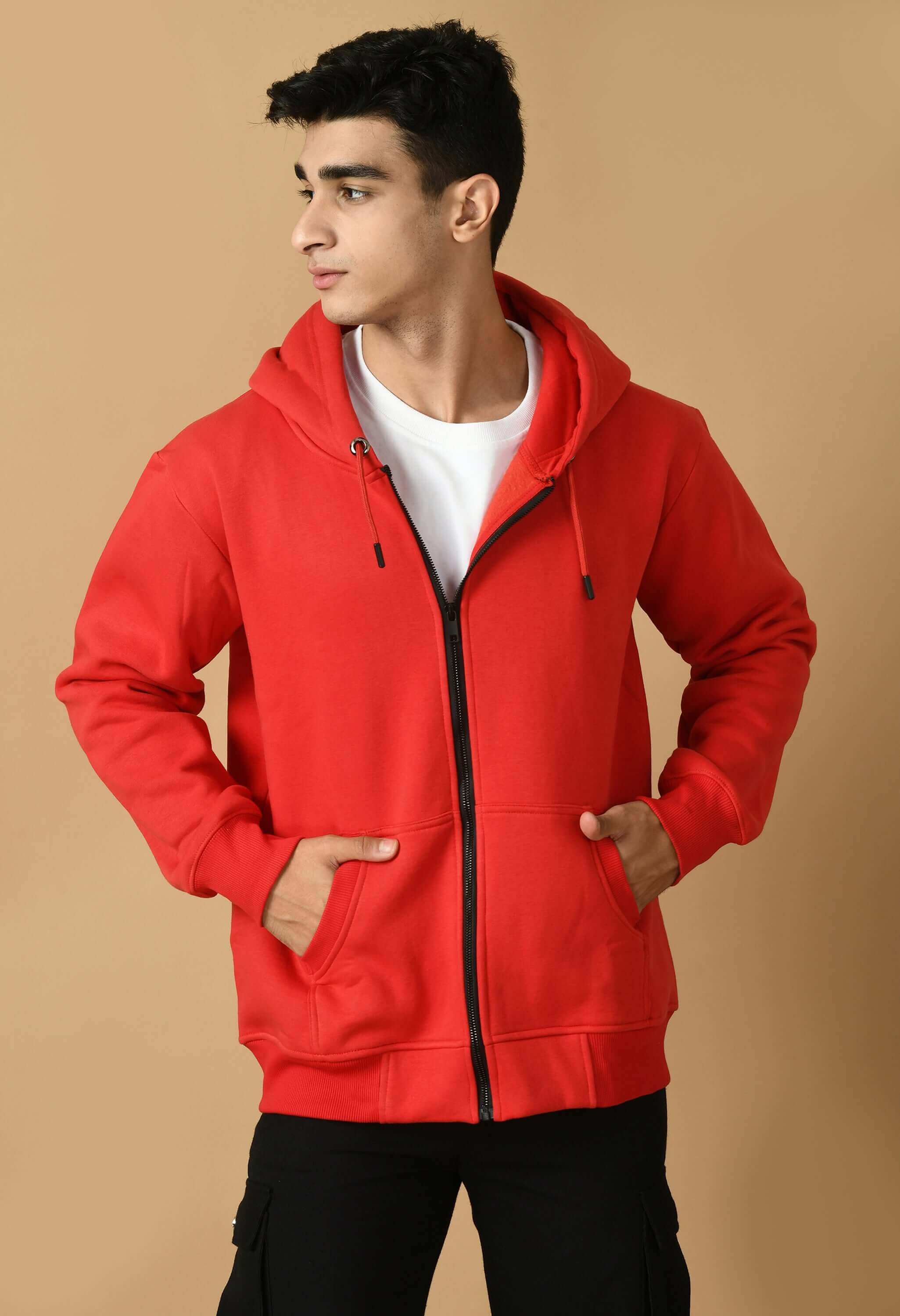 Red color plain zip men's hoodie by offmint