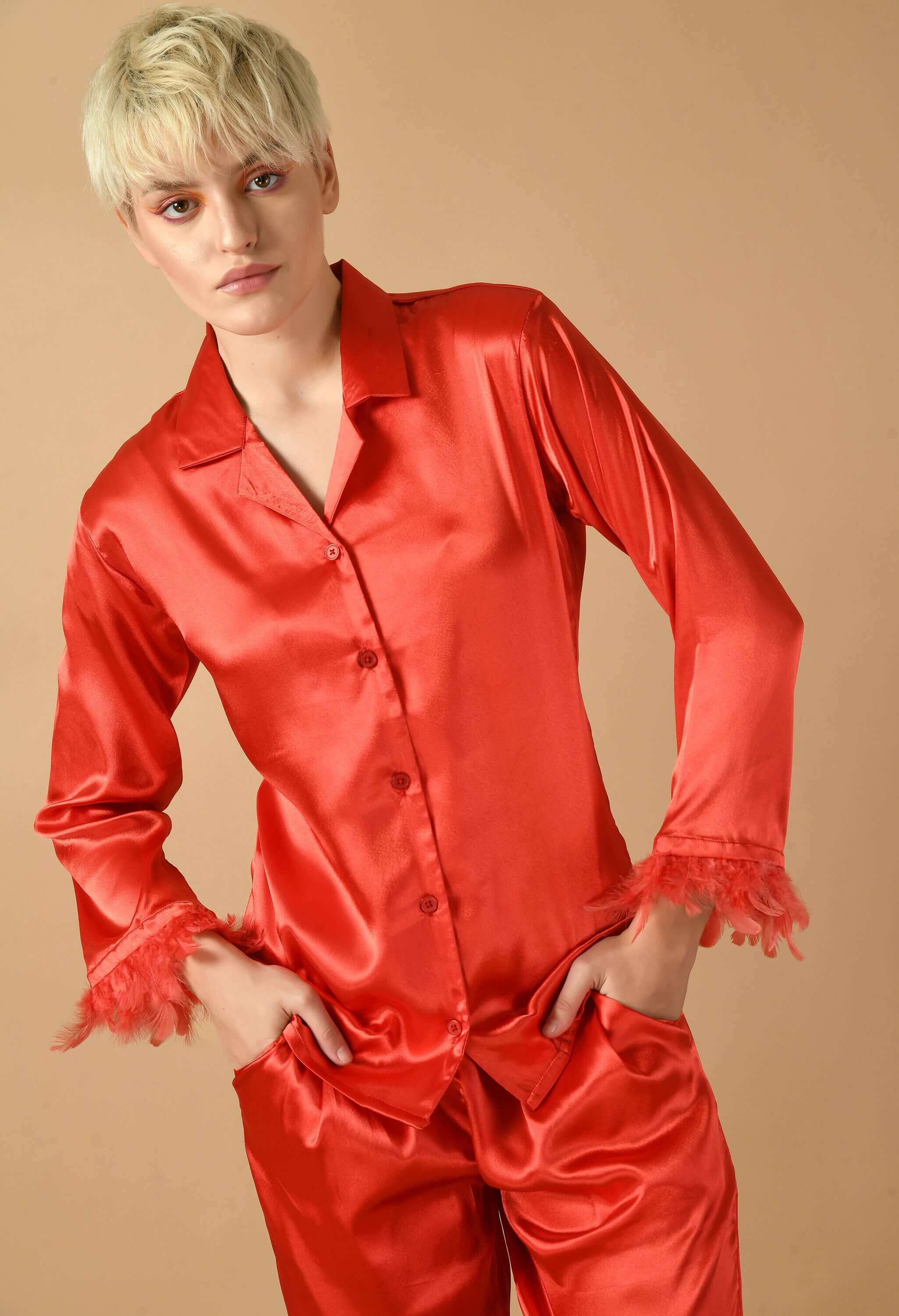 Red color satin feather co-ord set 