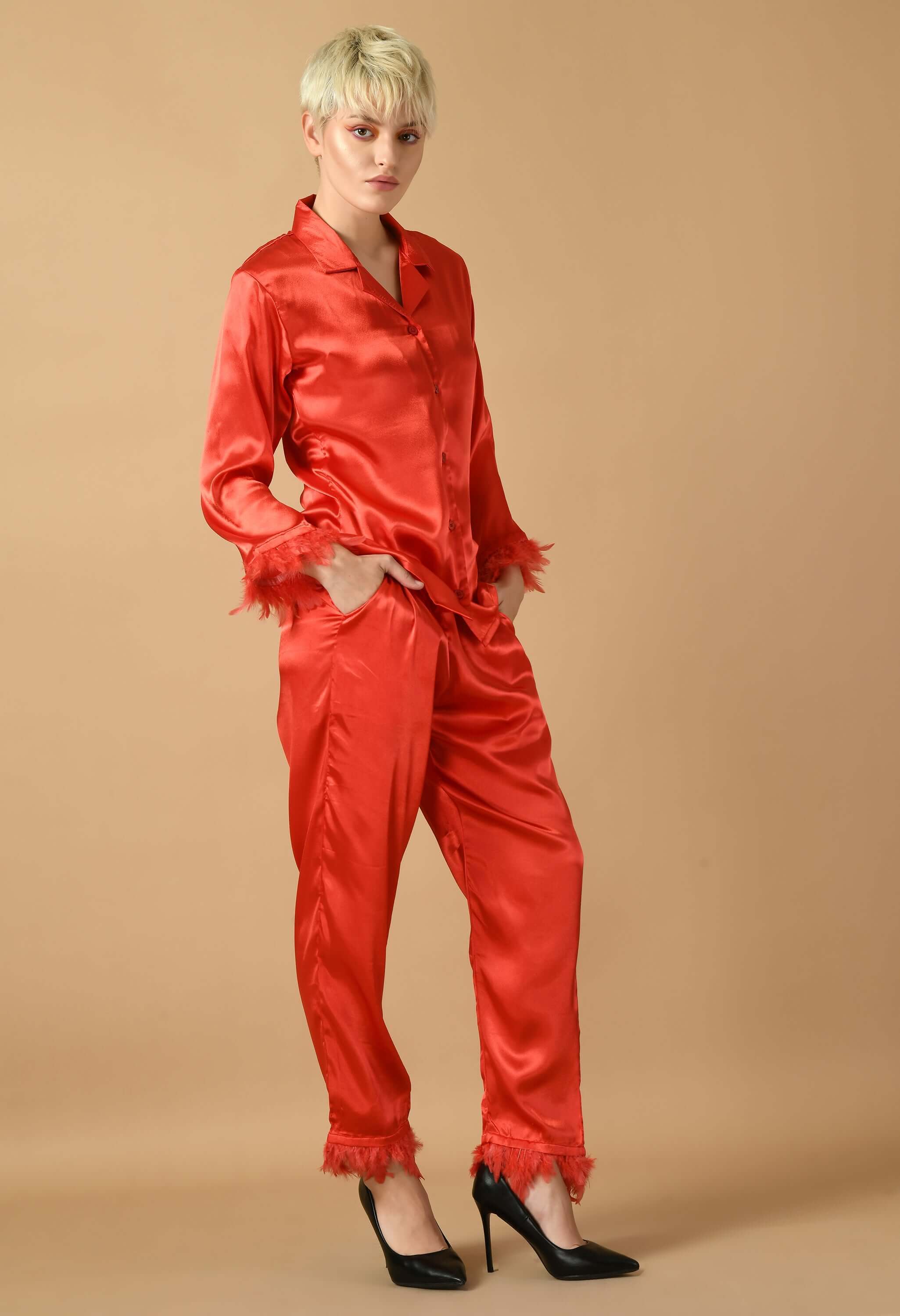 Red color satin feather co-ord set by offmint