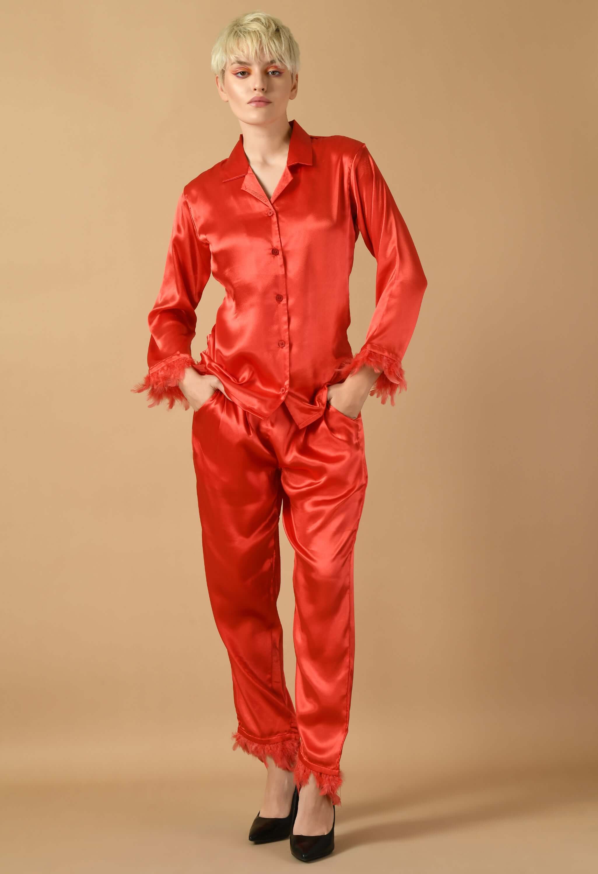 Red color satin feather women's co-ord set 
