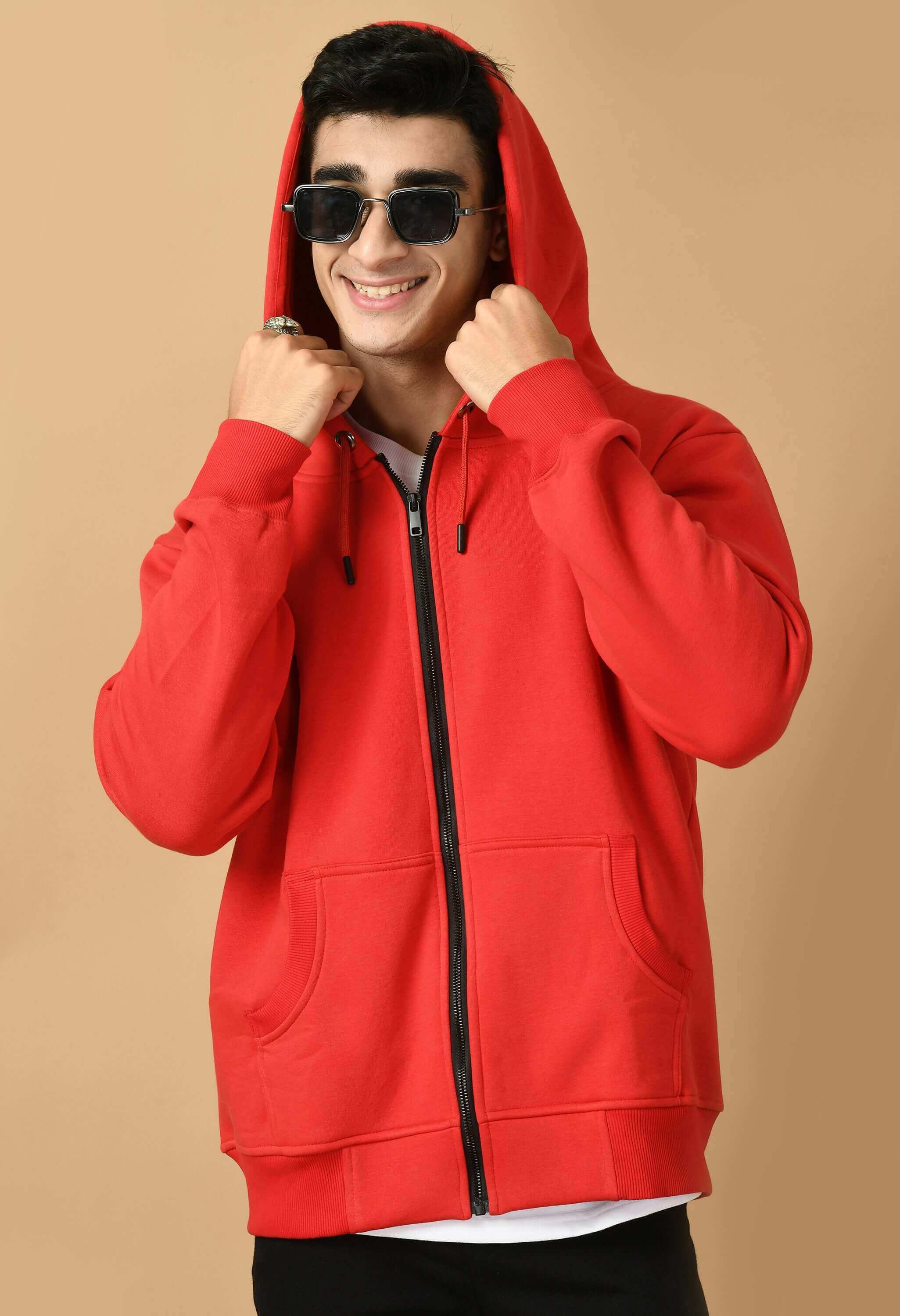 Red plain zip men's hoodie