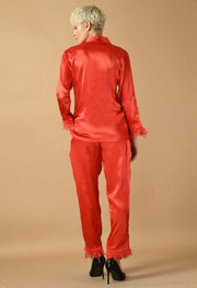 Red satin feather women's co-ord set by offmint