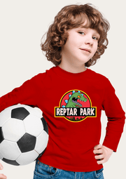 Reptar Park Printed Red Full Sleeves Kids T-shirt By Offmint
