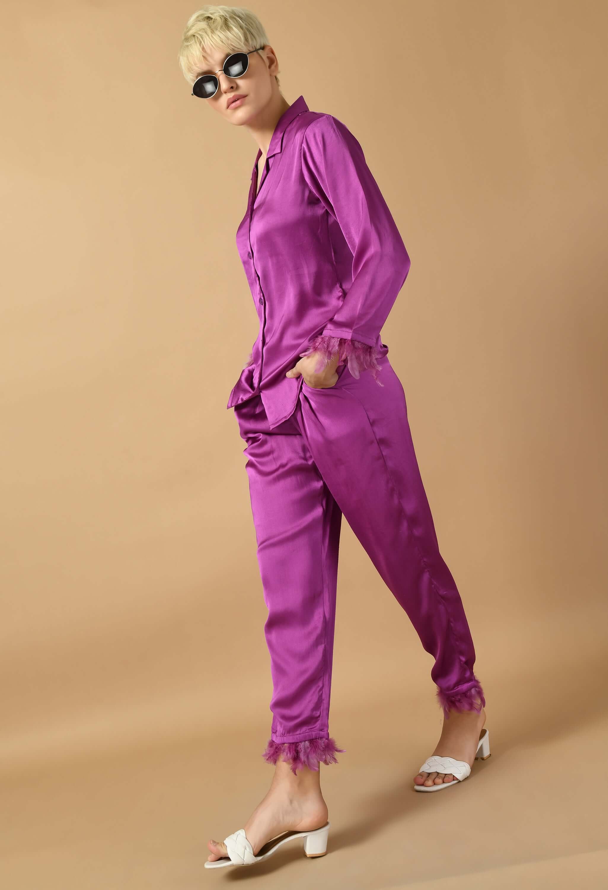 Satin feather purple color co-ord set by offmint