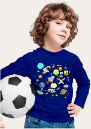 Space Printed Royal Blue Full Sleeves Kids T-shirt By Offmint