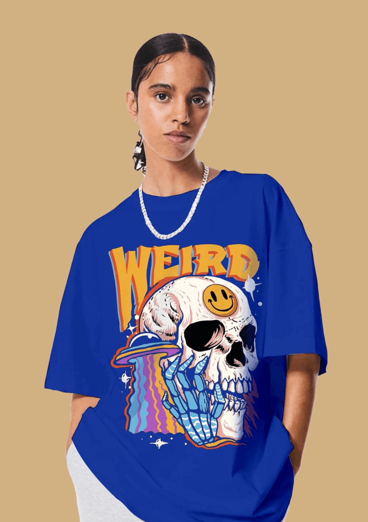Weird printed blue color women's oversized t-shirt by offmint