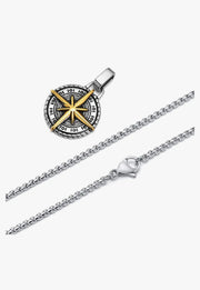 Silver Pleated  Cross Compass Round Pendent With Chain Necklace For Men By Offmint