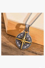 Silver Pleated  Cross Compass Round Pendent With Chain Necklace For Men By Offmint