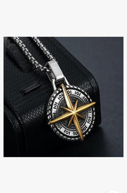 Silver Pleated  Cross Compass Round Pendent With Chain Necklace For Men By Offmint
