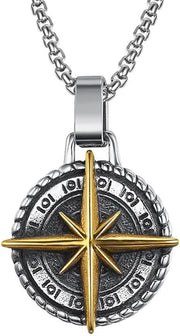 Silver Pleated  Cross Compass Round Pendent With Chain Necklace For Men By Offmint