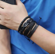 Men Obsidian  Black Leather layered Bracelet By Offmint