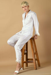 White color feather satin women's co-ord set by offmint