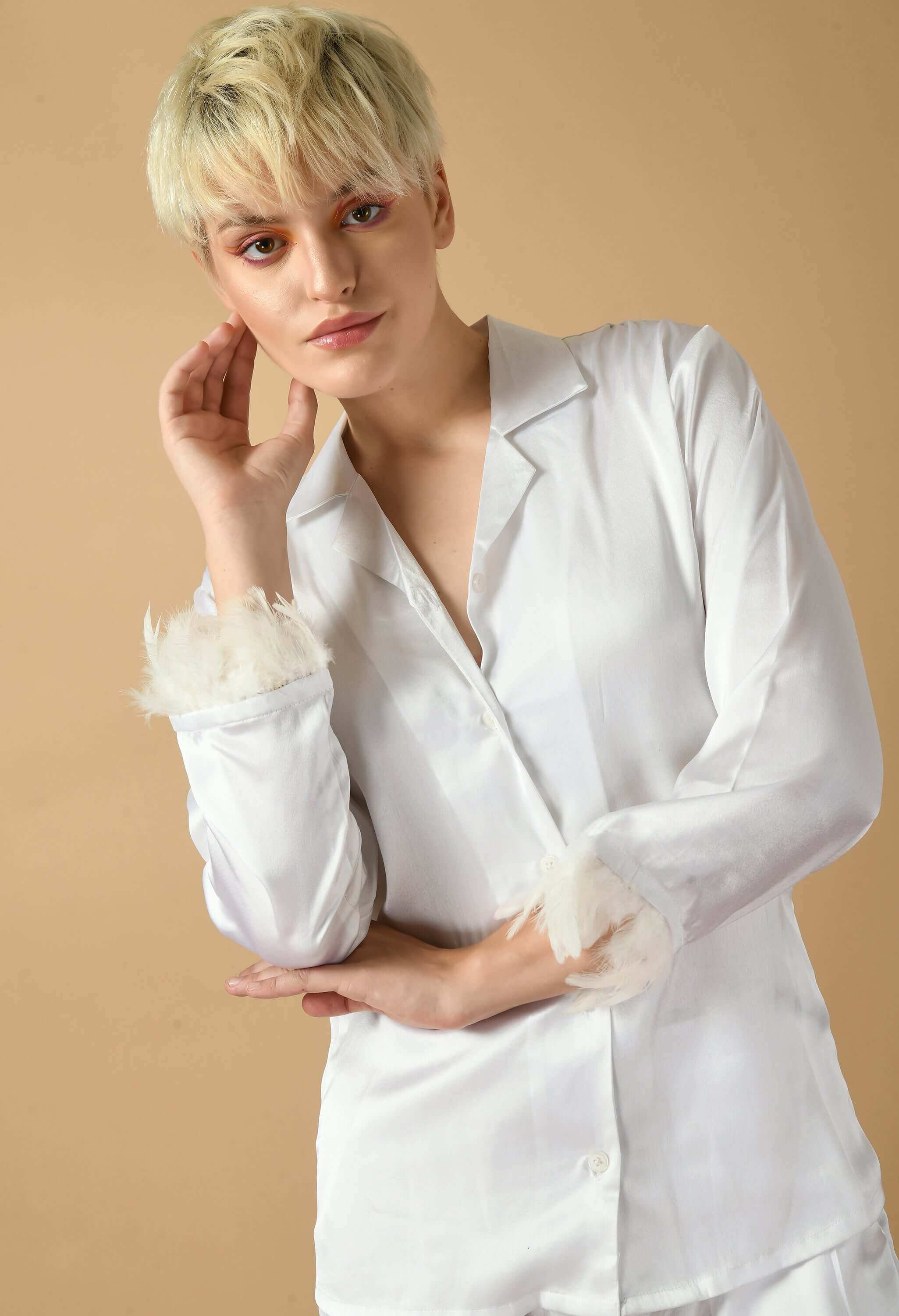 White Satin Feather Co-Ord Set For Women's By Offmint