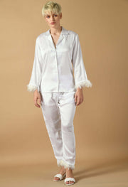 White color satin feaher women's co-ord set  by offmint