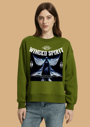 Winged spirit printed olive green color sweatshirt  by offfmint