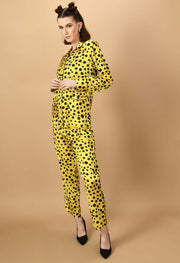Yellow color black polka dot women's co-ord set by offmint