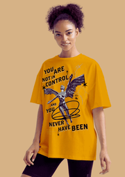 You are not in control printed mustard color oversized t-shirt by offmint