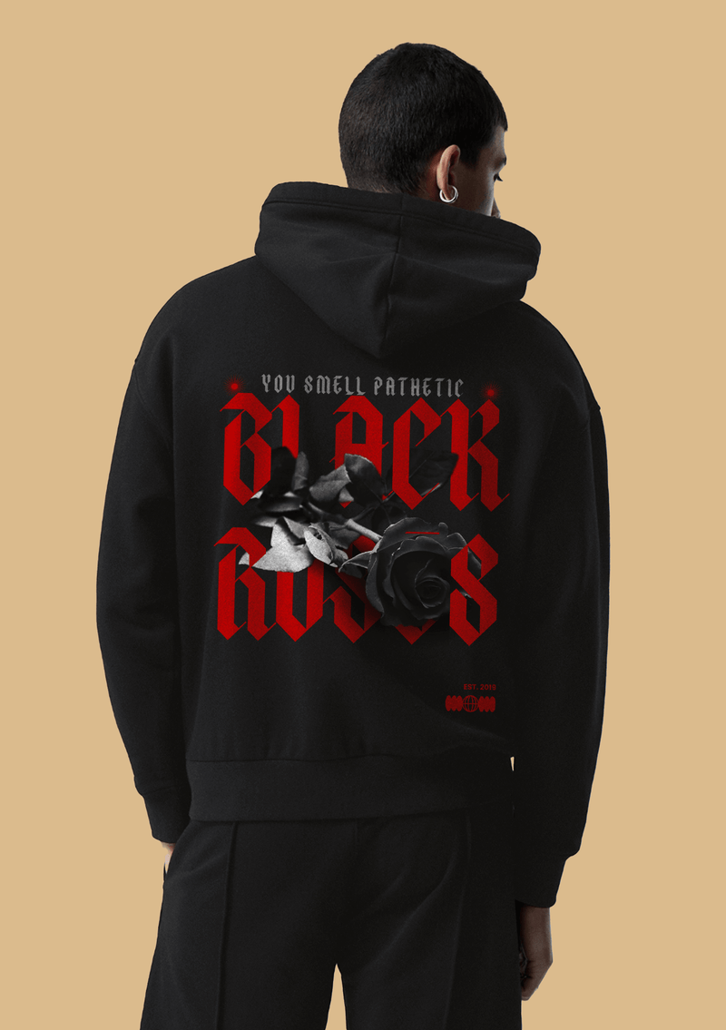 Black Rose Red Printed Black Hoodie By Offmint