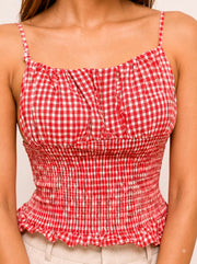 Red Checkered Smocked Crop Top