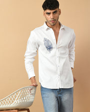 Feather Printed White ClubWear Shirt By Offmint