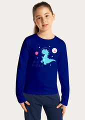 Space Dinosaur Printed Royal Blue Full Sleeves Kids T-shirt By Offmint